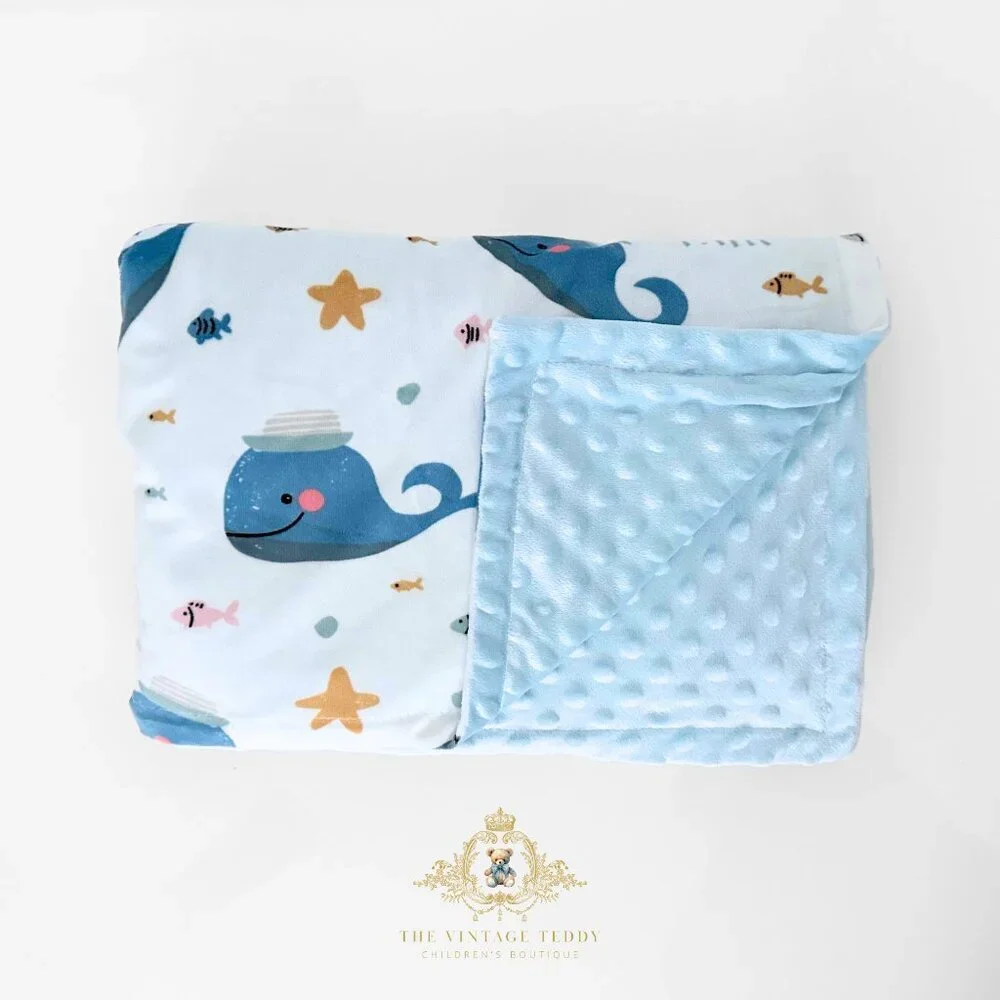 NWT Cute Children's Soft Plush Minky Reversible Blanket Mr. Whale & Friends
